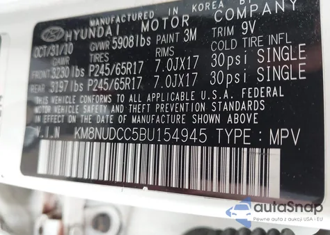 2011 Hyundai Veracruz Gls из США, поврежденный, VIN KM8NUDCC5BU154945